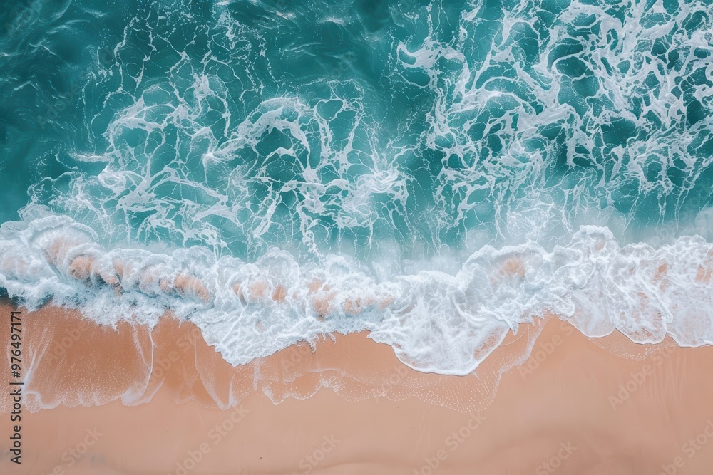 Aerial View of White Foamy Waves Crashing on Sandy Beach with Turquoise Ocean Water. Aerial View of White Foamy Waves Crashing on Sandy Beach with Turquoise Ocean Water.