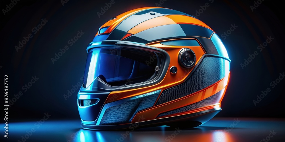 Futuristic neon blue and orange motorcycle helmet with technological enhancements on a black background Futuristic neon blue and orange motorcycle helmet with technological enhancements on a black background