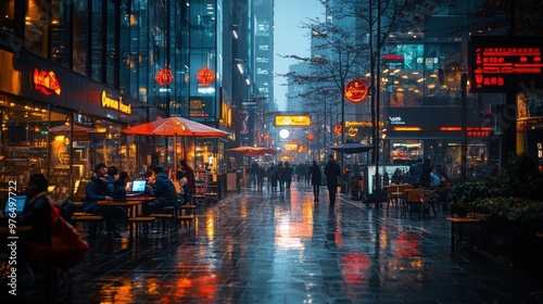 Illuminated Urban Nightscape: Dynamic City Scene with Glass Buildings, Busy Coffee Shops, and Vibrant City Lights Reflected on Wet Streets