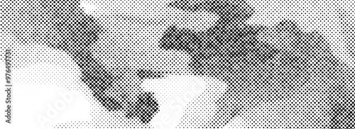 Abstract grain dotted distorted halftone texture. Pixelated wavy flow background. Distressed grunge wavy gradient pattern. Retro raster grit noise backdrop. Vector comic style overlay wallpaper