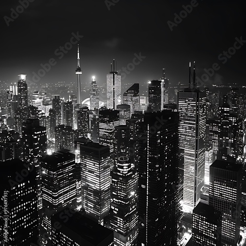 A high-contrast black and white photograph of a city skyline at night, with bright lights glowing against the deep darkness of the night sky. 8k UHD, suitable for high-quality printing or digital 