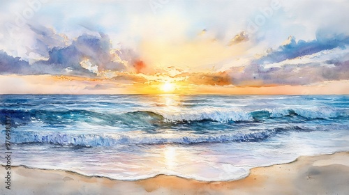 Watercolor painting of a seascape with waves crashing on a sandy beach at sunset.