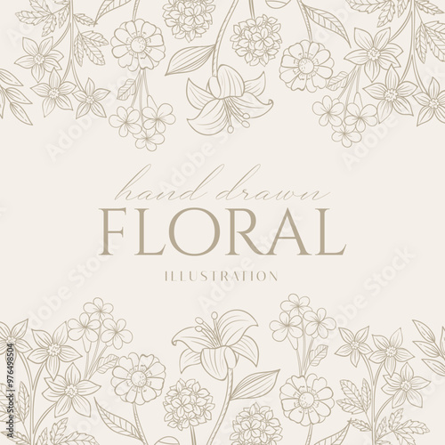 Elegance Wedding drawn mono-line floral botanical flower pattern background design