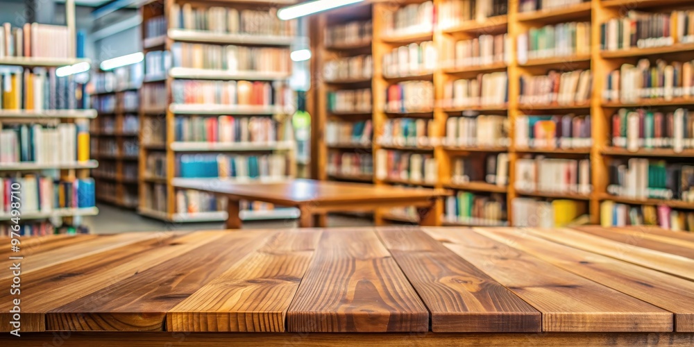 Wooden table in focus against a blurry background of a library , wooden, table, library, books, education, study Wooden table in focus against a blurry background of a library , wooden, table, library, books, education, study