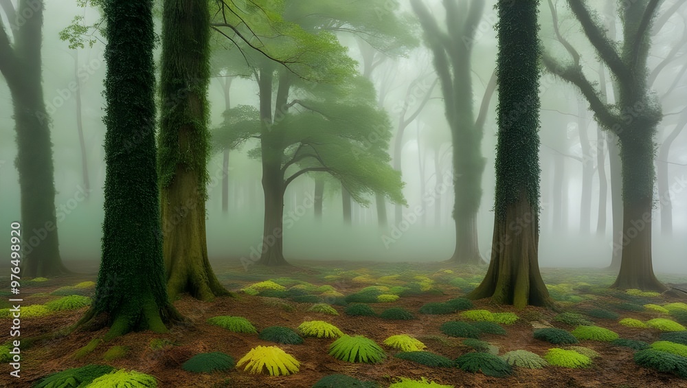 Obraz premium Mystical Forest Scene: Dense, Lush Green Trees Shrouded in Fog Creating a Serene and Tranquil Atmosphere with Various Shades of Green
