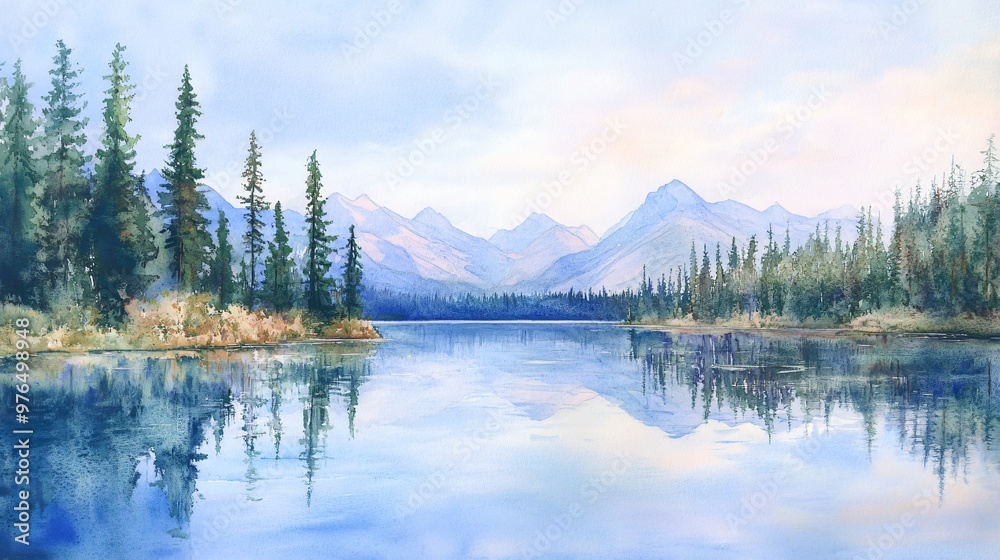 Watercolor painting of a serene lake with a mountain range and a forest reflecting on the water. Watercolor painting of a serene lake with a mountain range and a forest reflecting on the water.