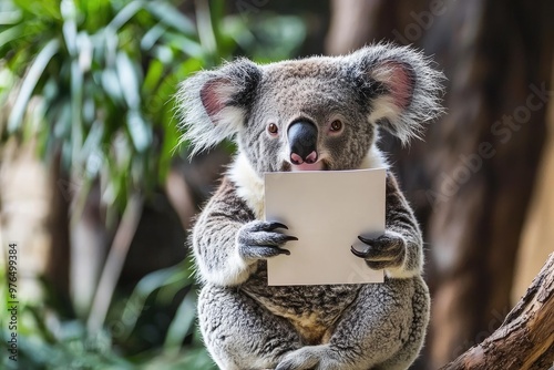 A cute koala holding a blank card, surrounded by lush greenery, perfect for wildlife and nature-related themes. photo