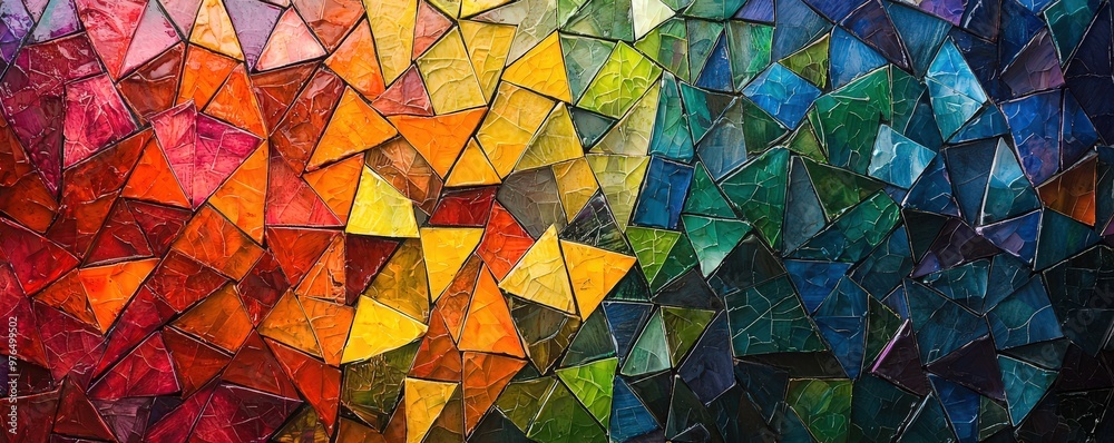 A vibrant abstract mosaic artwork featuring a dynamic arrangement of triangular shapes in an array of bold, vivid colors. The geometric patterns create a striking contrast, with each triangle A vibrant abstract mosaic artwork featuring a dynamic arrangement of triangular shapes in an array of bold, vivid colors. The geometric patterns create a striking contrast, with each triangle