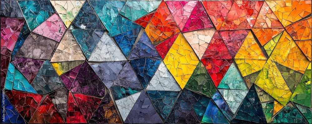 A vibrant abstract mosaic artwork featuring a dynamic arrangement of triangular shapes in an array of bold, vivid colors. The geometric patterns create a striking contrast, with each triangle A vibrant abstract mosaic artwork featuring a dynamic arrangement of triangular shapes in an array of bold, vivid colors. The geometric patterns create a striking contrast, with each triangle