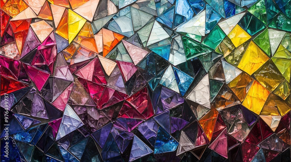 An abstract mosaic artwork characterized by a kaleidoscope of triangular shapes in a multitude of vibrant colors. The arrangement of these shapes creates an intricate, eye-catching design with a An abstract mosaic artwork characterized by a kaleidoscope of triangular shapes in a multitude of vibrant colors. The arrangement of these shapes creates an intricate, eye-catching design with a