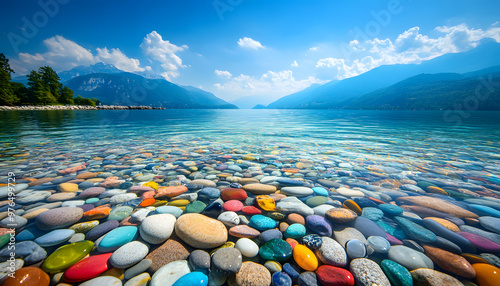 The sea is full of colorful pebbles, and the pebble beach on both sides is covered with many colored glass stones
