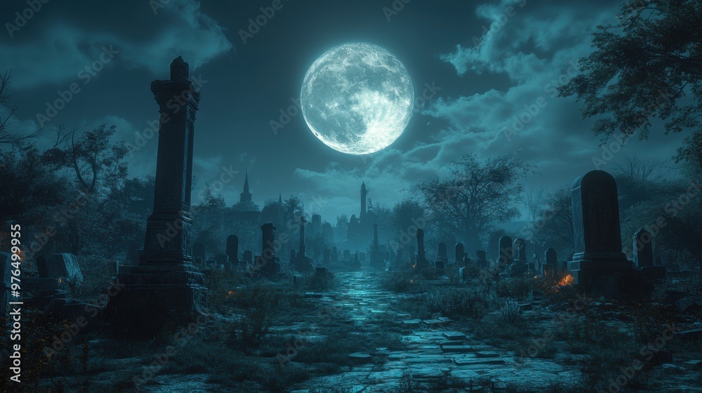 Ghostly Moonlit Cemetery with Haunting Shadows Ghostly Moonlit Cemetery with Haunting Shadows