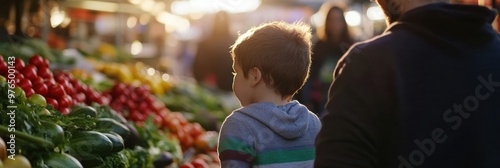 A heartwarming scene of a father and son exploring a bustling farmer's market, surrounded by an array of fresh vegetables and produce, reflecting familial bonds and togetherness. photo