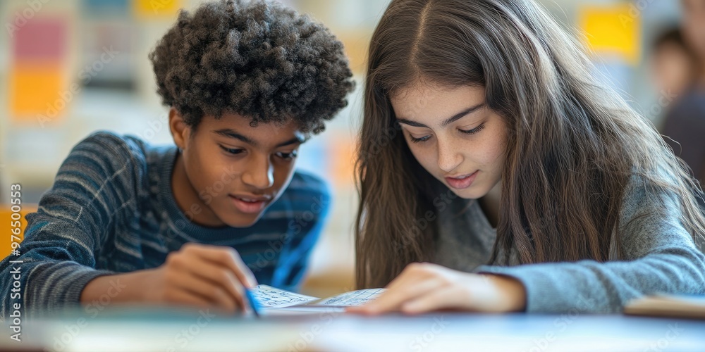 Obraz premium Two students sitting side by side, one helping the other with a complex math problem, their faces focused and engaged as they learn from each other.