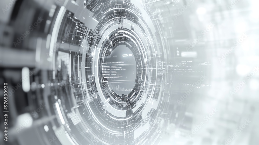 Futuristic grey and white abstract background with digital interface elements, representing advanced technology and innovation. Futuristic grey and white abstract background with digital interface elements, representing advanced technology and innovation.