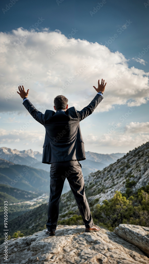 Businessman on top of a mountain, celebrating personal success. Businessman on top of a mountain, celebrating personal success.