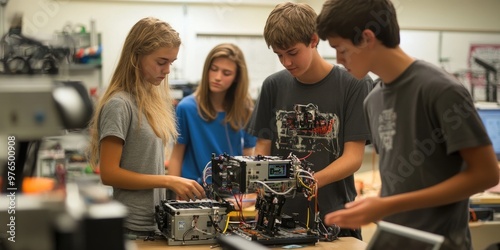 A workshop environment where students collaborate on a robotics project, each contributing unique skills to build a functioning robot.