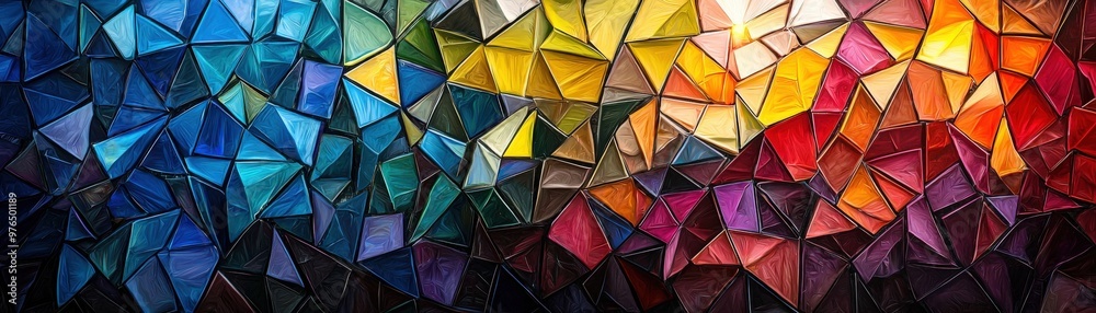 An abstract mosaic artwork with a vibrant and energetic pattern of triangular shapes, each filled with bold, bright colors. The dynamic interplay of hues and geometric forms creates a visually An abstract mosaic artwork with a vibrant and energetic pattern of triangular shapes, each filled with bold, bright colors. The dynamic interplay of hues and geometric forms creates a visually