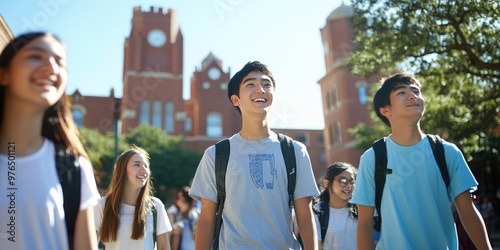 A group of students taking a campus tour, walking past towering university landmarks, excitedly discussing their new environment.