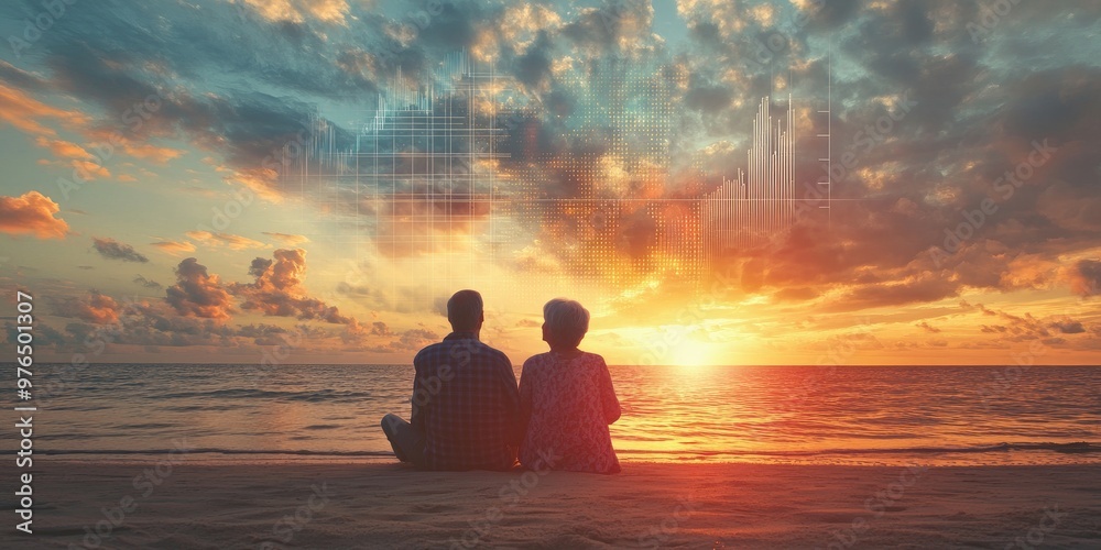 A peaceful scene of an older couple sitting on a beach at sunset, enjoying their retirement, with a distant image of their past savings chart subtly superimposed in the s A peaceful scene of an older couple sitting on a beach at sunset, enjoying their retirement, with a distant image of their past savings chart subtly superimposed in the s