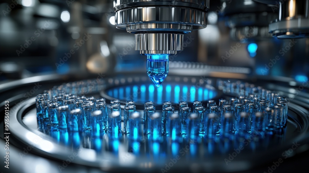 A high-tech laboratory scene showcasing a series of vials organized in a circular pattern on an automated production line. Sophisticated machinery precisely fills each glass vial with a brilliant A high-tech laboratory scene showcasing a series of vials organized in a circular pattern on an automated production line. Sophisticated machinery precisely fills each glass vial with a brilliant