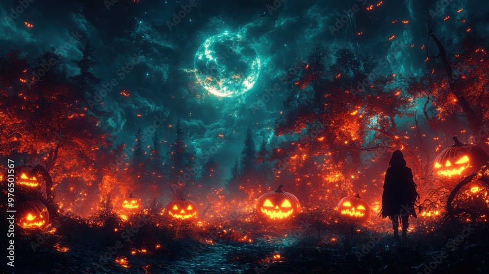 Enchanted Halloween Night in a Dark Forest - Spooky Ghost, Glowing Pumpkins, Full Moon Enchanted Halloween Night in a Dark Forest - Spooky Ghost, Glowing Pumpkins, Full Moon