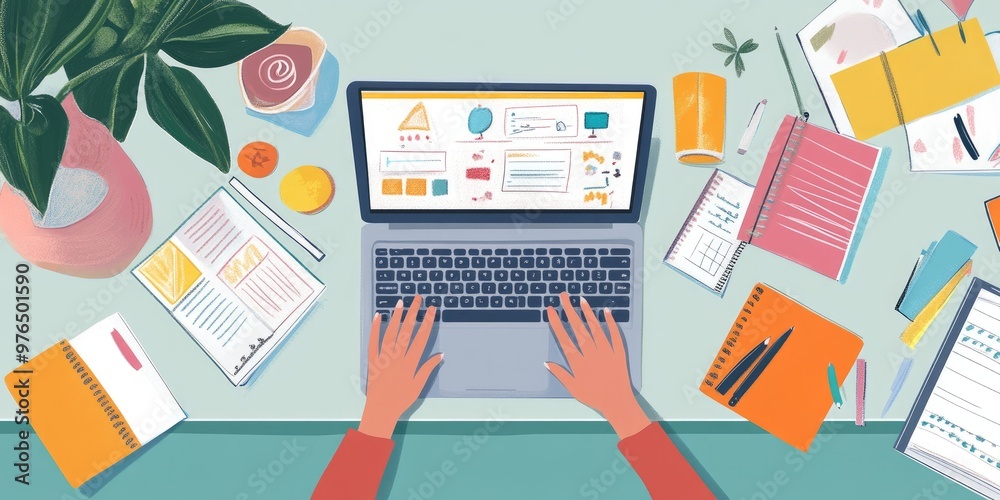 A teacher delivering a virtual lesson from their home, with a laptop on the desk, surrounded by lesson plans, books, and creative teaching materials.