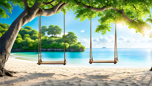 Serene and picturesque landscape image featuring two simple wooden swings hanging from sturdy tree branches,background showcases a tranquil beach with soft white sand leading to calm, clear  waters