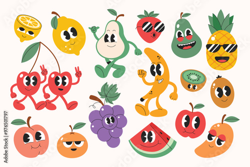 Funny fruits character collection. Seasonal fruits emoji face. Stickers cute fruits in different emoji expression in y2k style.