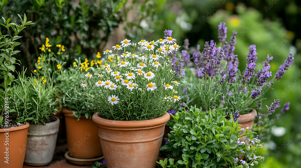 A small garden with various medicinal plants such as lavender, chamomile, and rosemary growing in terracotta pots A small garden with various medicinal plants such as lavender, chamomile, and rosemary growing in terracotta pots