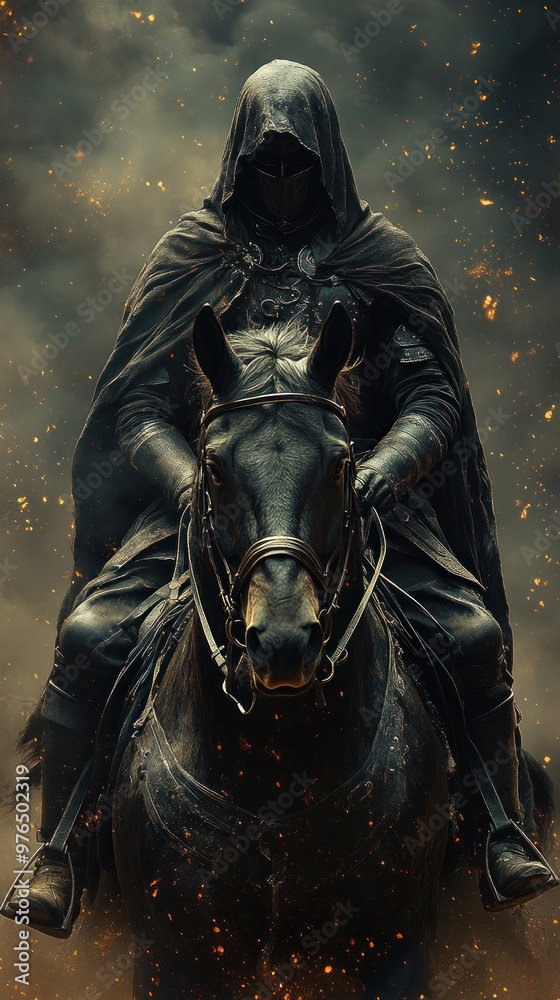 A cloaked figure on horseback amidst a smoky, fiery backdrop. A cloaked figure on horseback amidst a smoky, fiery backdrop.
