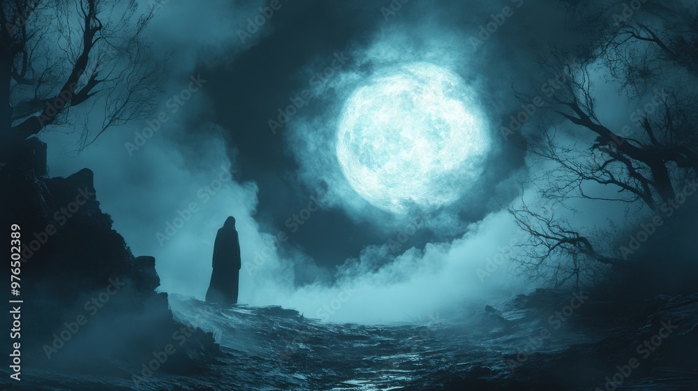 Mysterious Shadowy Figure at Entrance of Eerie Fog-Filled Forest with Twisted Branches in Moonlight Mysterious Shadowy Figure at Entrance of Eerie Fog-Filled Forest with Twisted Branches in Moonlight
