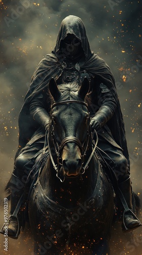 A cloaked figure on horseback amidst a smoky, fiery backdrop.