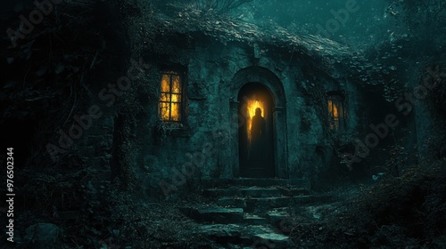 Ghostly Presence in Abandoned Stone House at Night - Spooky Specter in Moonlit Doorway of Haunted Building