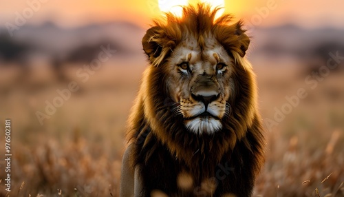 Majestic lion gazes at the camera in a sunlit field, capturing the essence of untamed beauty and natures grandeur photo