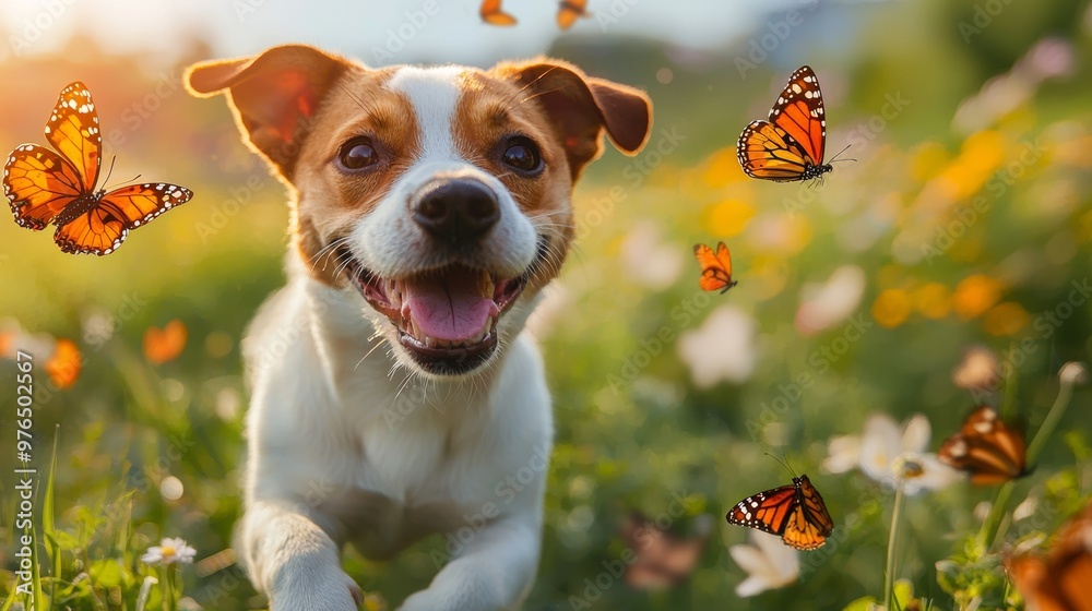 Happy Dog Chasing Butterflies in a Meadow Happy Dog Chasing Butterflies in a Meadow