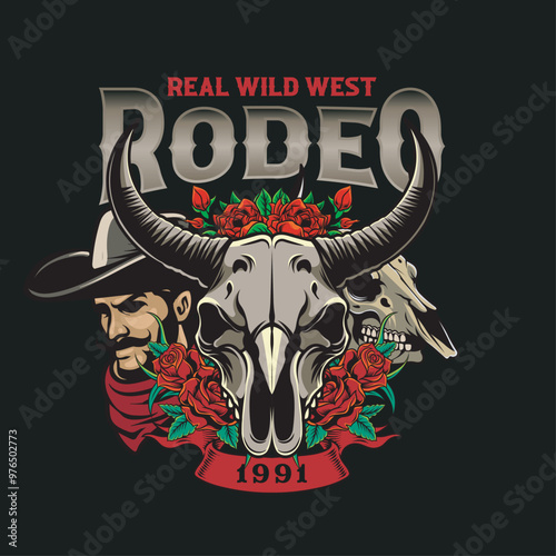 Vector Illustration of Cowboy Head with Bull's Skulls and Roses in Vintage Illustration Available for Tshirt Design photo