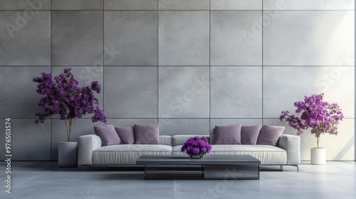 Minimalist Living Room with Grey Walls and Purple Flowers