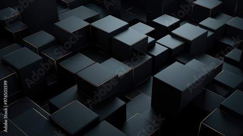 Abstract black and gold geometric background with 3D cubes.