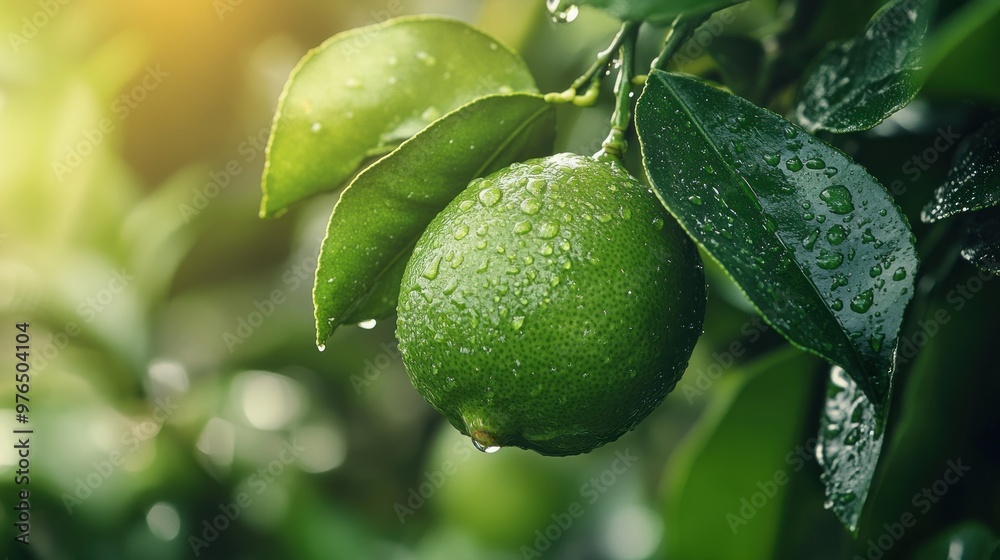 Fresh Lime with Dew Drops on a Lush Branch Fresh Lime with Dew Drops on a Lush Branch