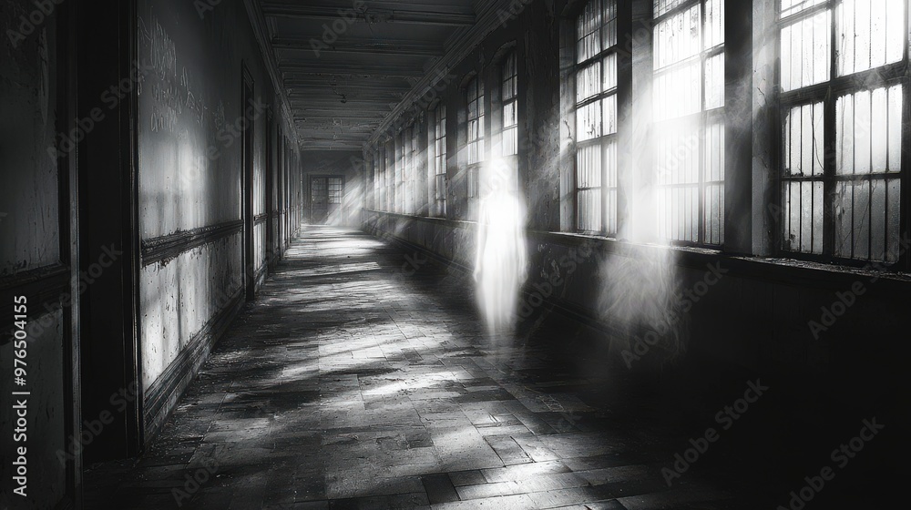 A deserted school hallway under a ghostly, dim light, where a translucent figure appears to drift silently along the corridor. The unsettling atmosphere is heightened by the eerie silence and the A deserted school hallway under a ghostly, dim light, where a translucent figure appears to drift silently along the corridor. The unsettling atmosphere is heightened by the eerie silence and the