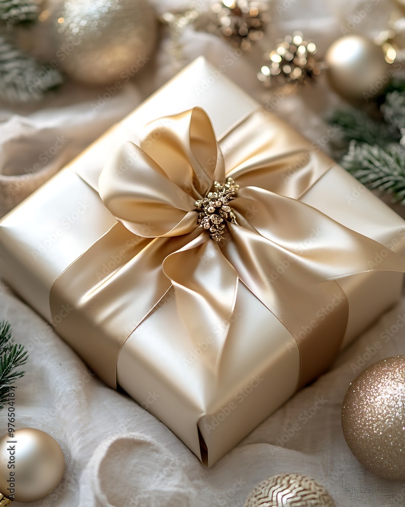 Close-up of a beautifully wrapped gift box with a satin bow in gold, surrounded by elegant Christmas decorations, with a clean background for text Close-up of a beautifully wrapped gift box with a satin bow in gold, surrounded by elegant Christmas decorations, with a clean background for text