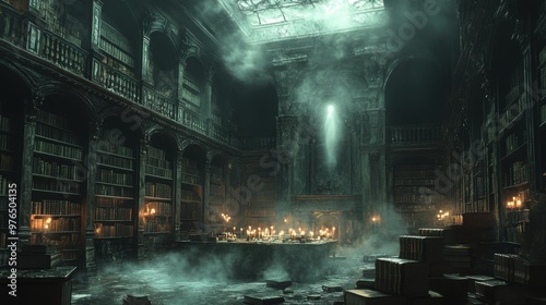 Eerie Haunted Library with Ghostly Apparition and Ancient Tomes Illuminated by Candlelight