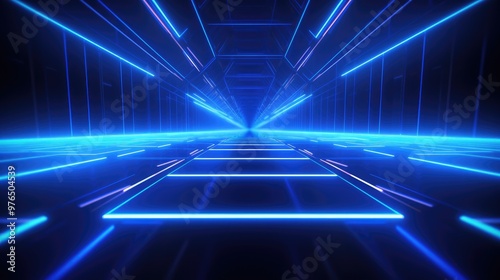 Abstract blue neon lights in a futuristic tunnel.