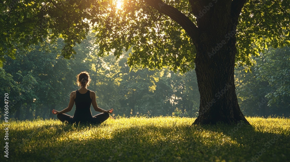 Woman Meditating in Nature Yoga Practice in Park Sunlit Meadow Green Grass Tranquility Woman Meditating in Nature Yoga Practice in Park Sunlit Meadow Green Grass Tranquility