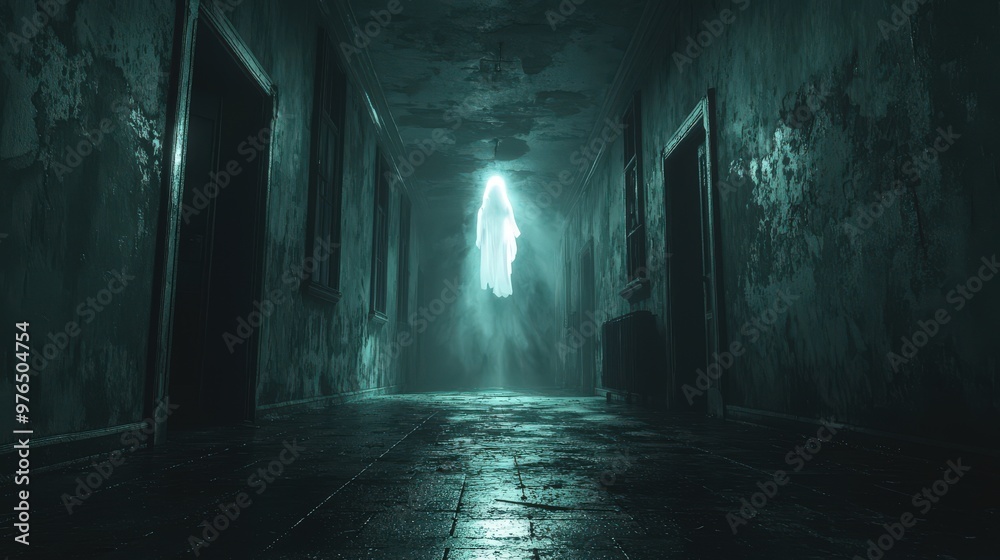 A spine-tingling school corridor, dimly lit and shrouded in shadows, where a ghostly apparition can be seen hovering near the end of the hallway. The old, disheveled surroundings add to the eerie and A spine-tingling school corridor, dimly lit and shrouded in shadows, where a ghostly apparition can be seen hovering near the end of the hallway. The old, disheveled surroundings add to the eerie and