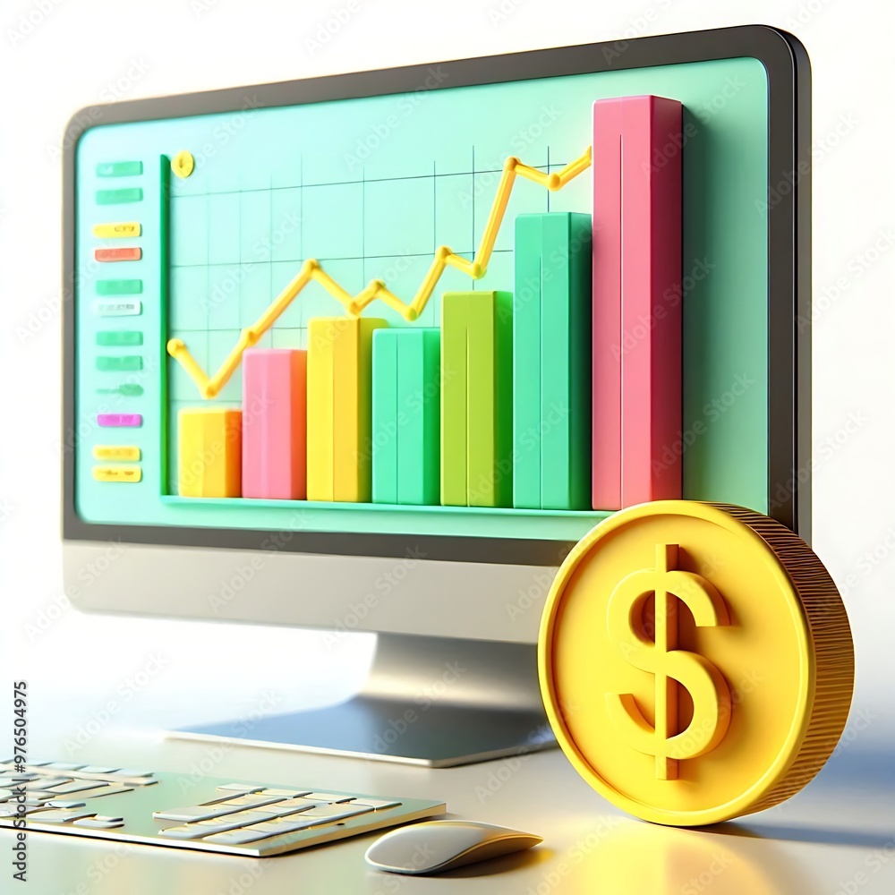 3d business graph and PC computer. The monitor is in green colour. The panel graph is in colour green, yellow and pink. Use to present company profit, price. Illustration image for presentation 3d business graph and PC computer. The monitor is in green colour. The panel graph is in colour green, yellow and pink. Use to present company profit, price. Illustration image for presentation