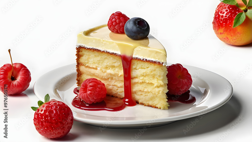 Butter cake, dollop of cream on top with red drizzle, a leaf, fruit slices round cake isolated on a white background . Butter cake, dollop of cream on top with red drizzle, a leaf, fruit slices round cake isolated on a white background .
