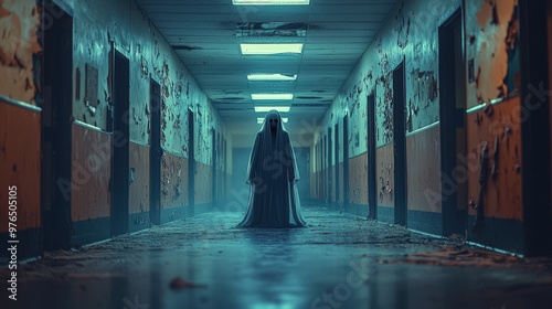 A ghostly presence haunts a deserted school hallway, the spectral figure barely visible in the dim, flickering light. The abandoned corridor, with its peeling paint and dust-covered floors, adds to