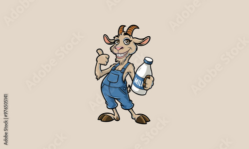 Happy goat character holding a bottle of milk.